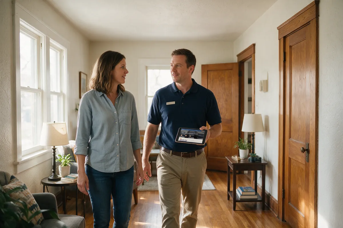 A Bailey's Moving & Storage relocation consultant with a tablet walks through a home with a homeowner during an in-home moving estimate