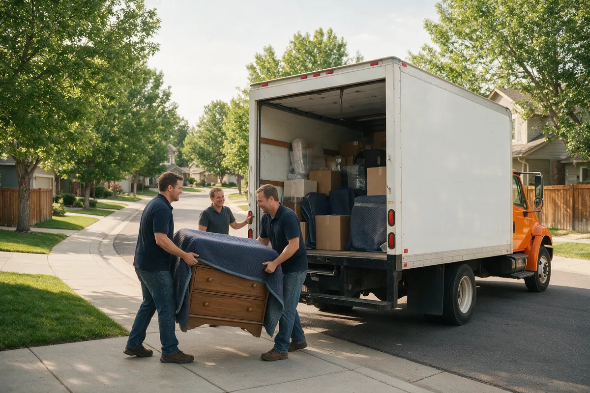 Three movers carry a blanket-wrapped wooden dresser down a driveway to a box truck loaded with padded furniture and boxes