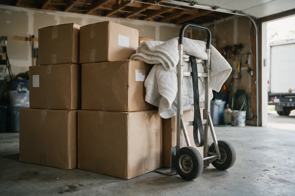 Stacked moving boxes, furniture pads and a hand truck in a garage, the supplies a DIY move has to rent or buy