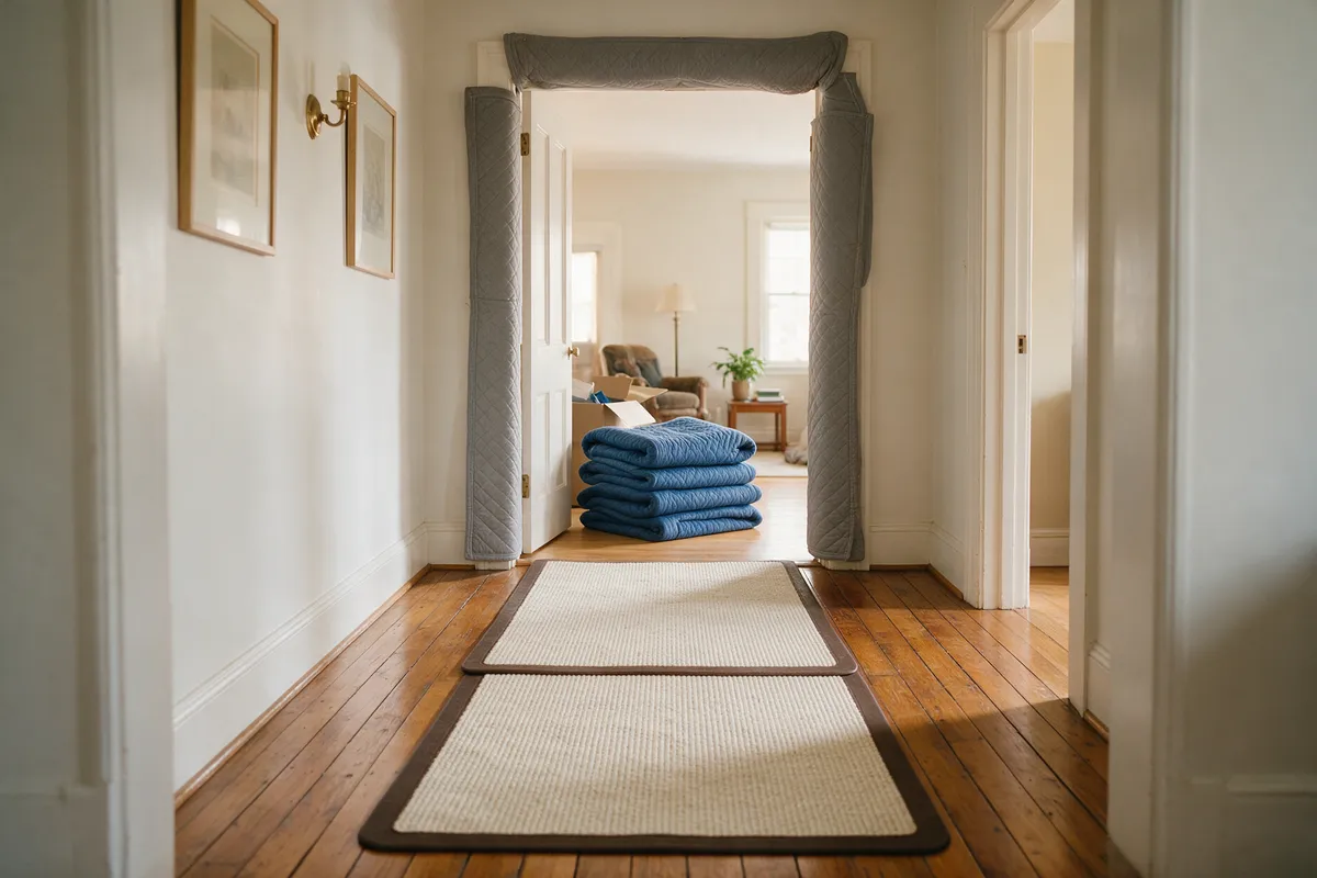 Illustration: a hallway with floor runners laid down, a padded doorway and stacked moving pads ready before furniture moves