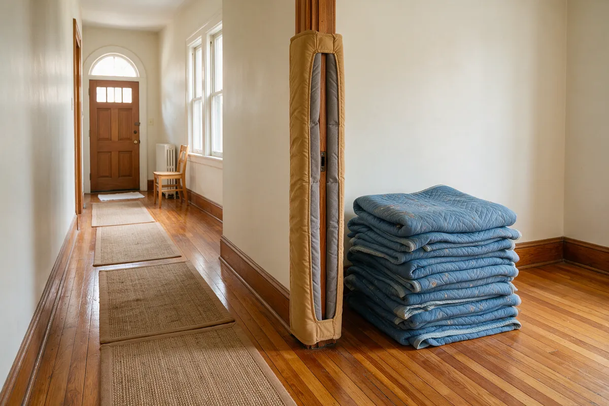 Illustration: a hardwood hallway covered with floor runners, a padded door jamb and a stack of blue moving pads