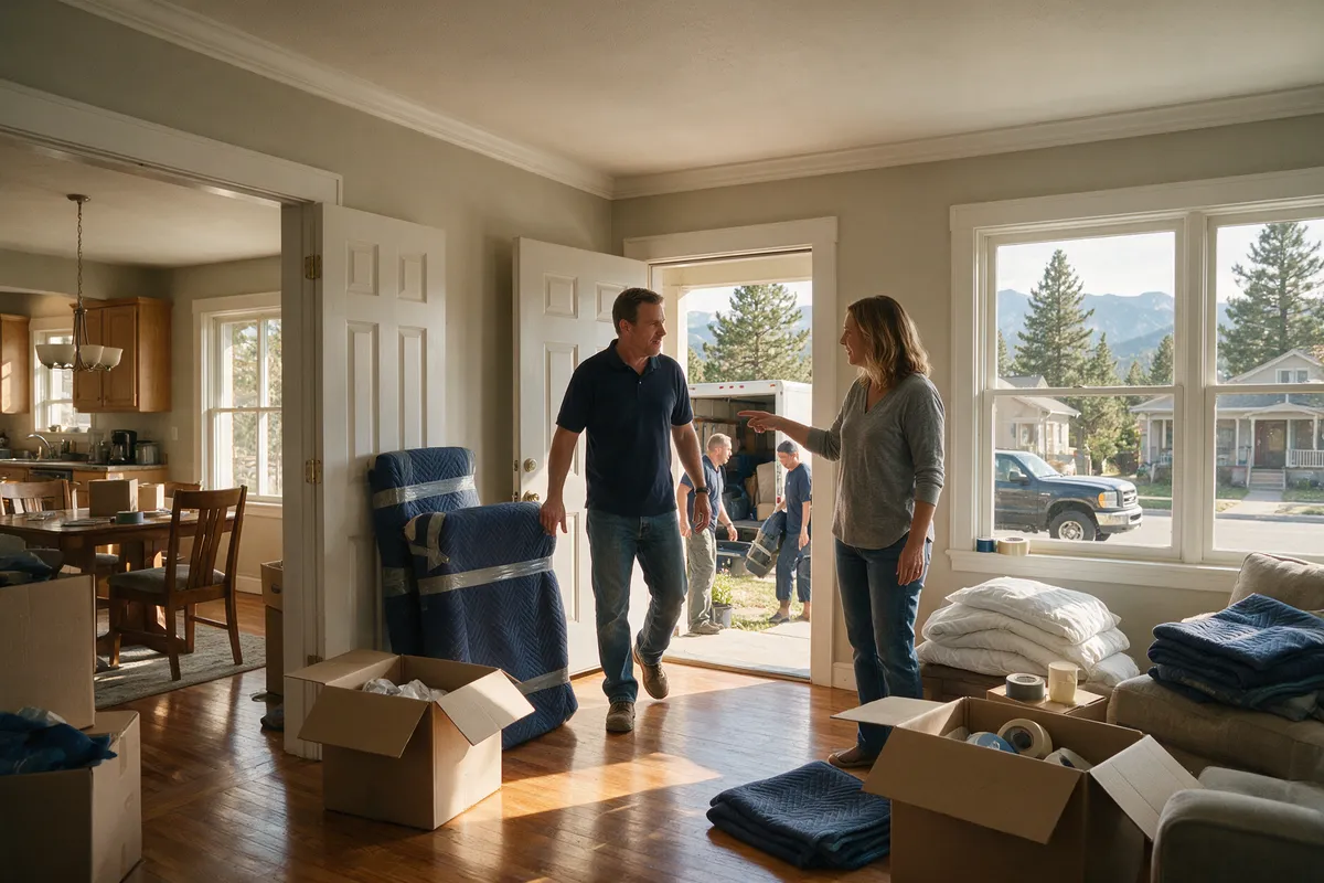 Illustration: a mover and a homeowner talking in a living room with pad-wrapped furniture and boxes, walking through the move together