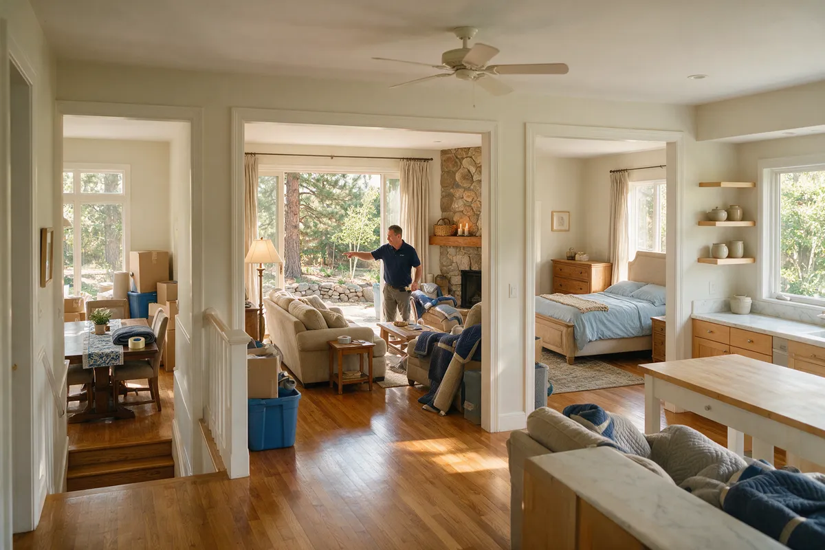 Illustration: a view through several rooms of a home being prepared for a move, with boxes, folded moving pads and a mover in the back room