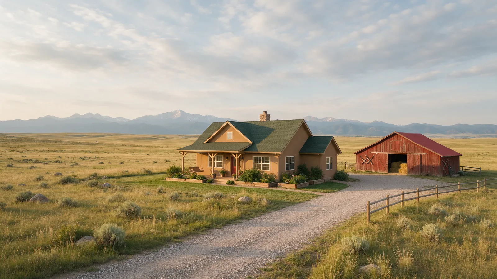 A ranch home and red barn on open plains, with mountains on the horizon