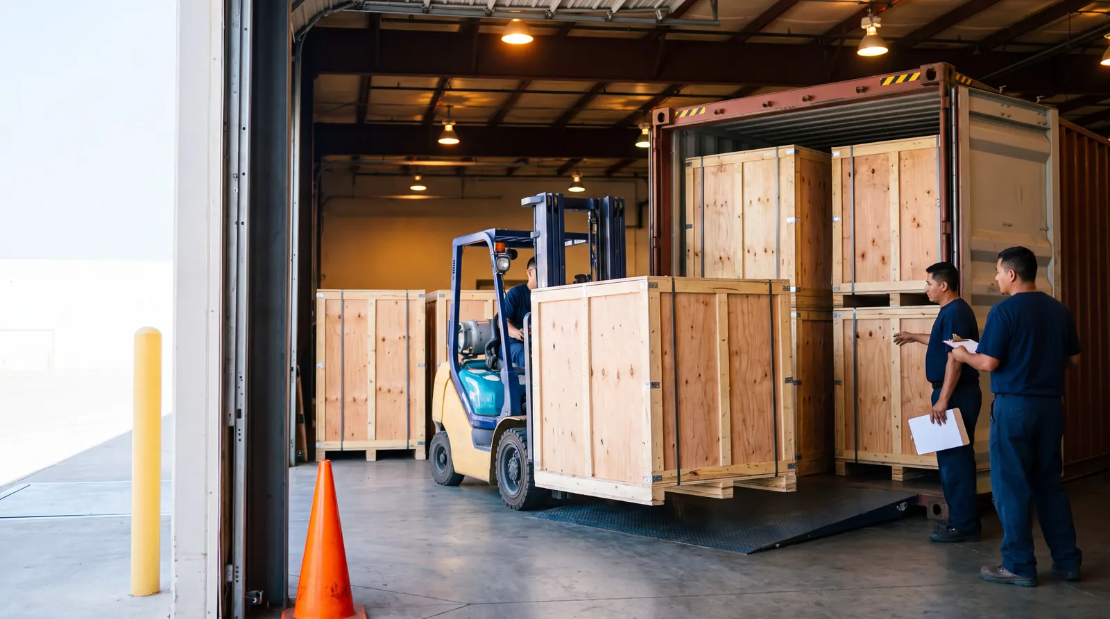 Movers loading wooden shipping crates into a sea container at a warehouse dock with a forklift
