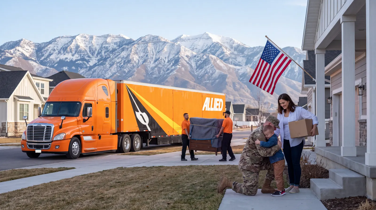 Service member hugging his son outside a new home while a Bailey's Allied crew loads the moving truck