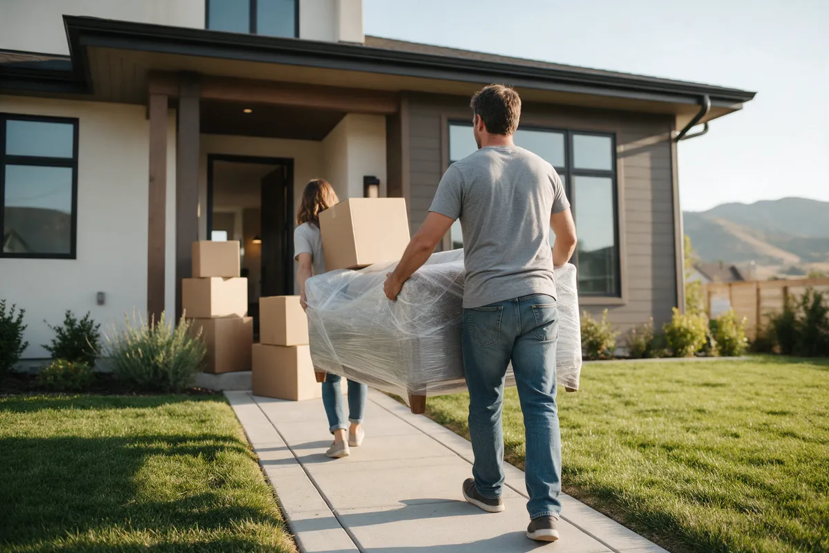Two people carrying a wrapped sofa and boxes toward the open front door of a home