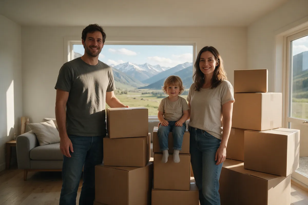 A family standing among packed moving boxes in front of a window with a mountain view