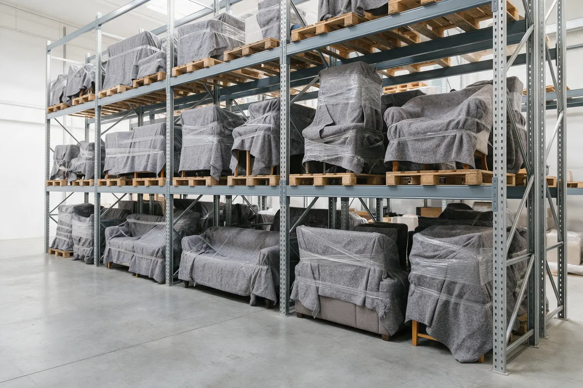 Household furniture wrapped in moving blankets and stretch wrap on warehouse racking