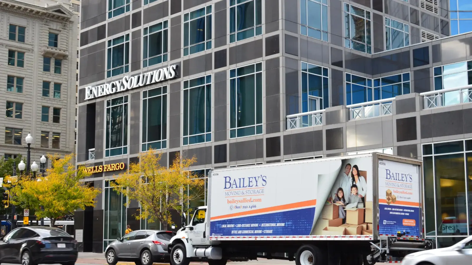 Bailey's Moving & Storage box truck parked downtown in Salt Lake City