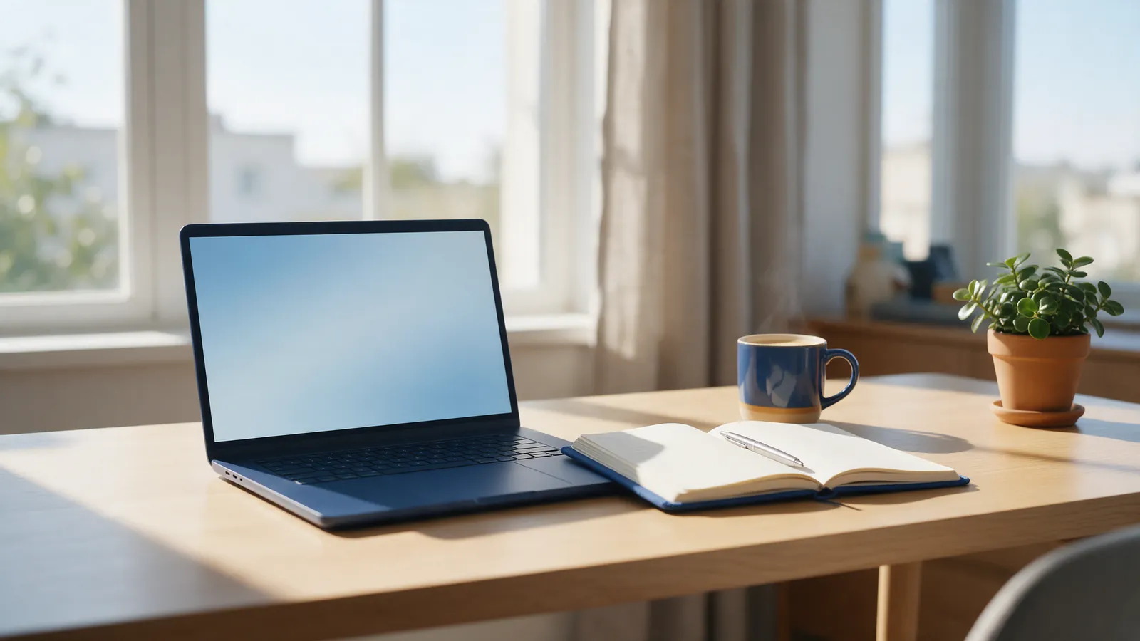 A sunlit desk with an open laptop, a notebook and pen, a cup of coffee and a small plant, ready for a study session.