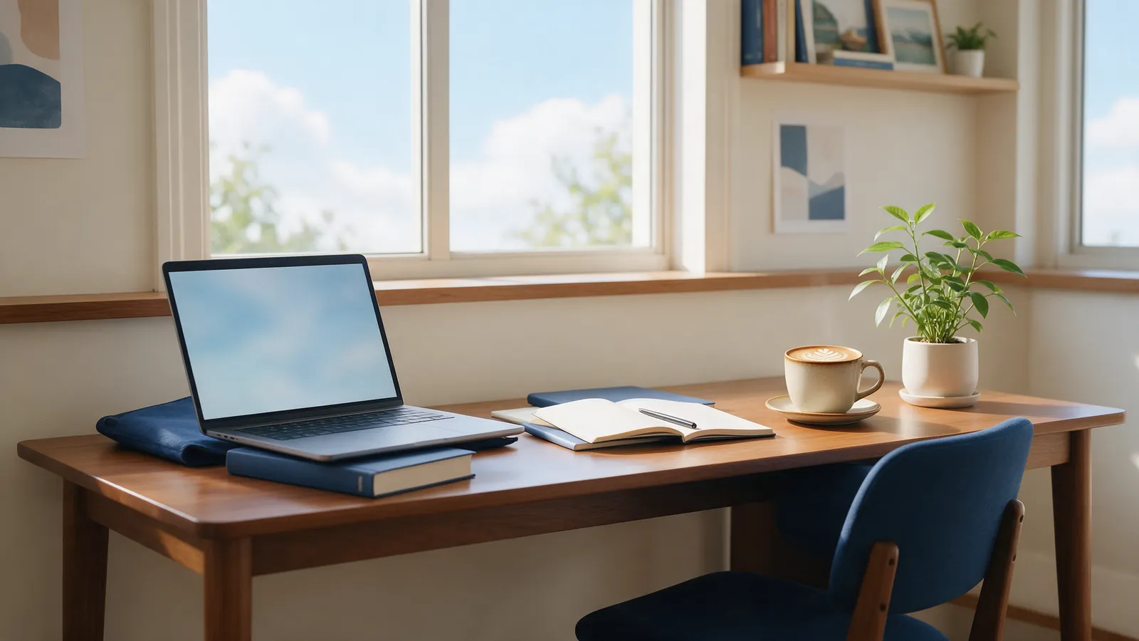 A bright study corner by a window with a laptop on a stack of books, an open notebook, a latte and a plant.