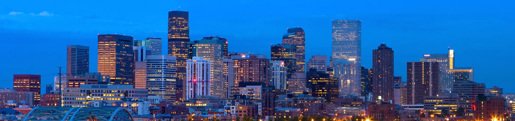 The downtown Denver skyline at dusk